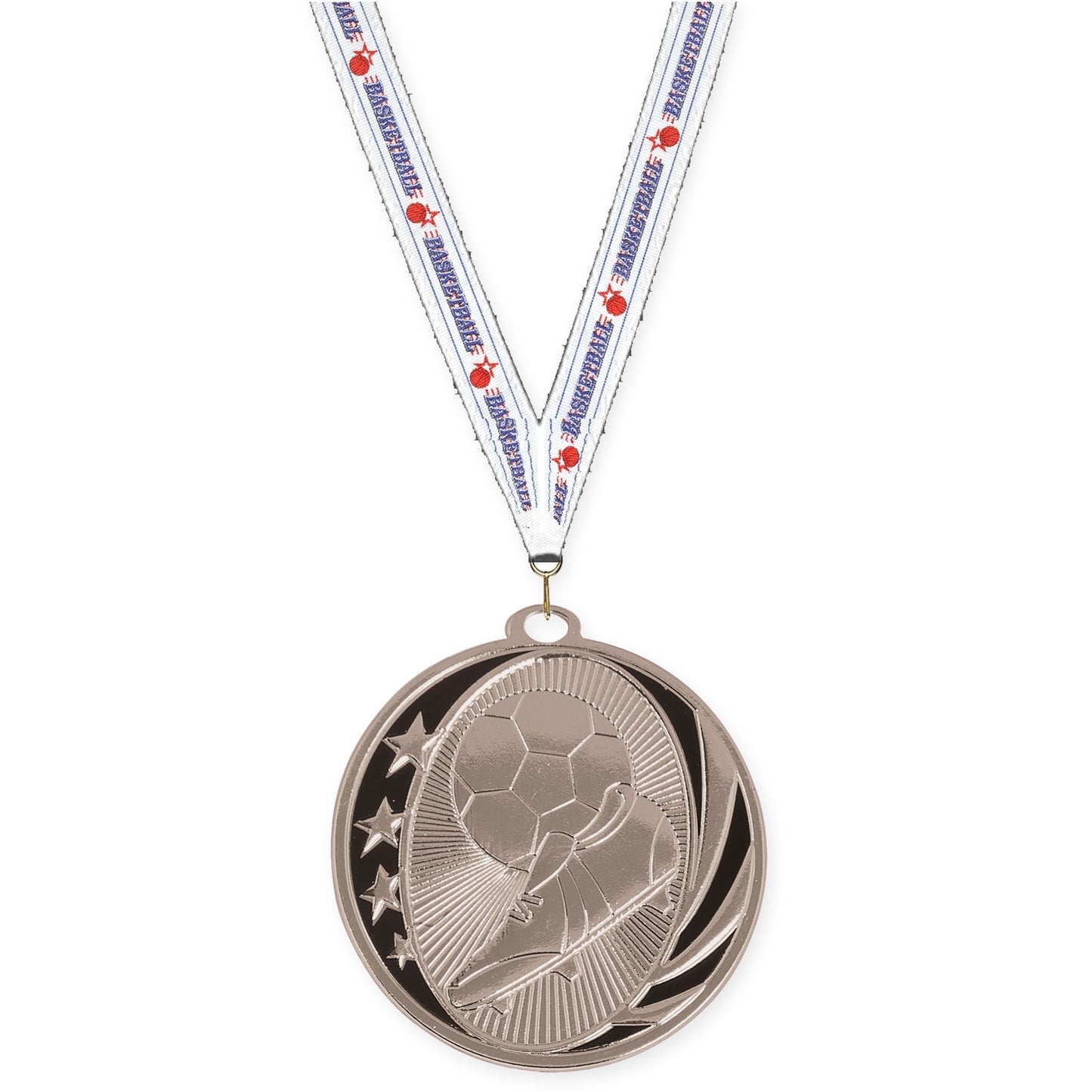 2 inch soccer MidNite Star medal in bright silver with Basketball neck ribbon