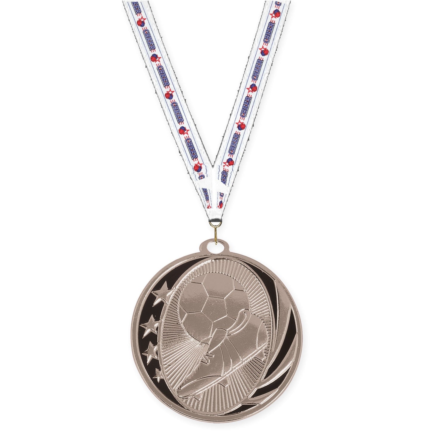 2 inch soccer MidNite Star medal in bright silver with Cheerleading neck ribbon