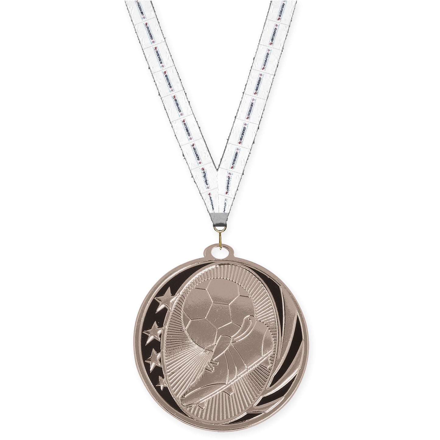 2 inch soccer MidNite Star medal in bright silver with Gymnastics neck ribbon