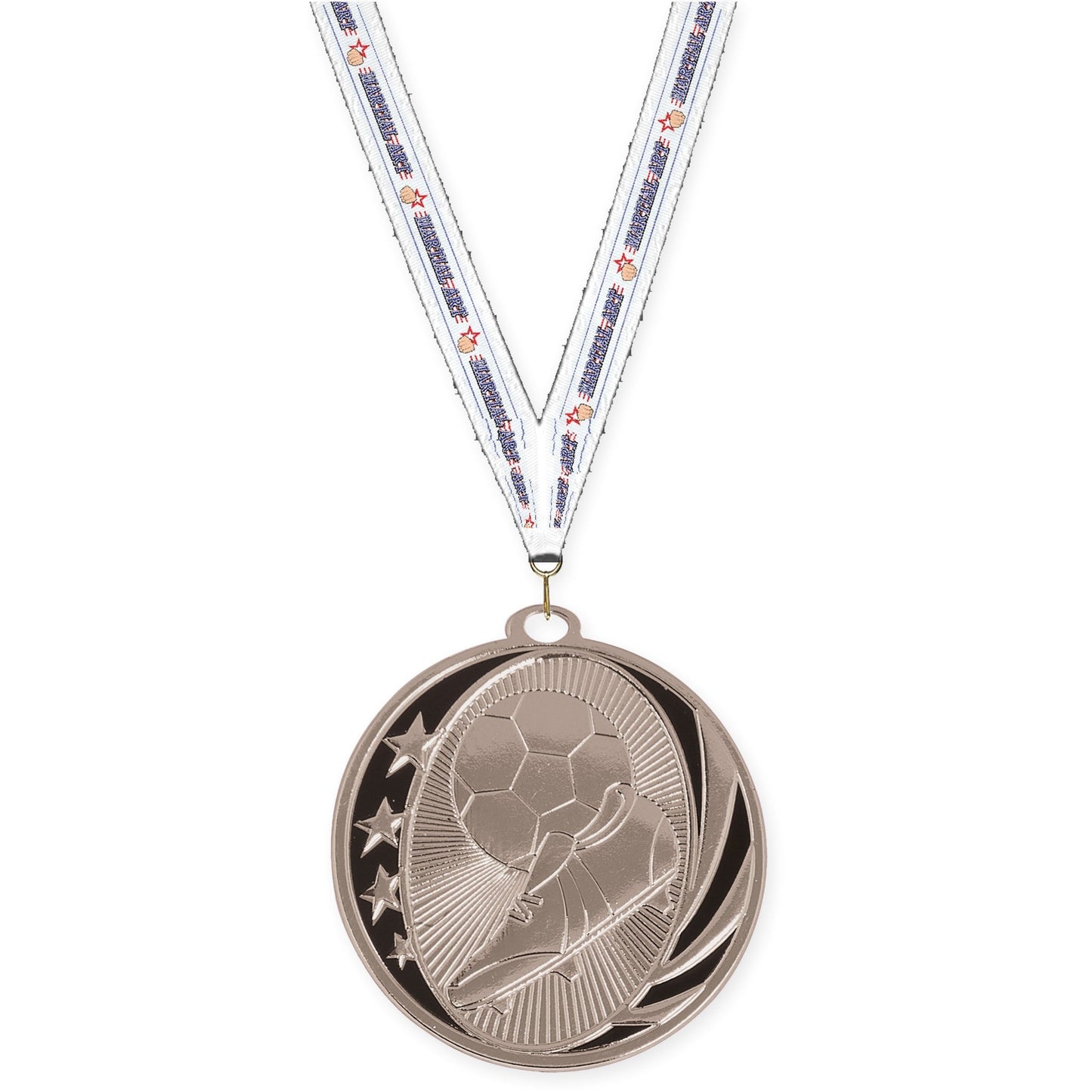 2 inch soccer MidNite Star medal in bright silver with Martial Arts neck ribbon