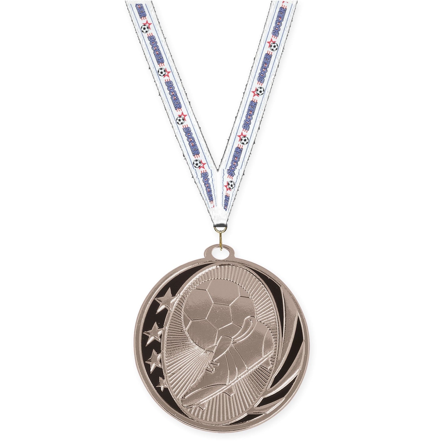 2 inch soccer MidNite Star medal in bright silver with Soccer neck ribbon