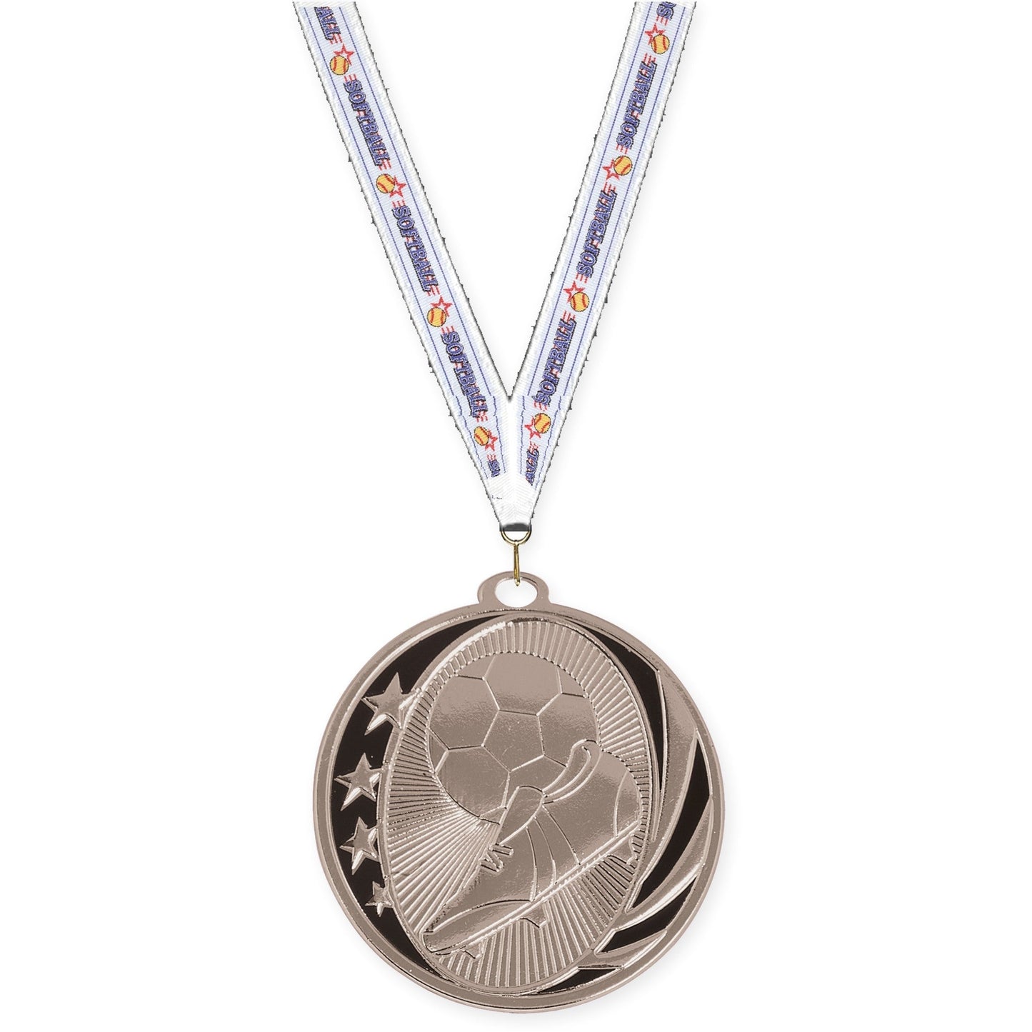 2 inch soccer MidNite Star medal in bright silver with Softball neck ribbon