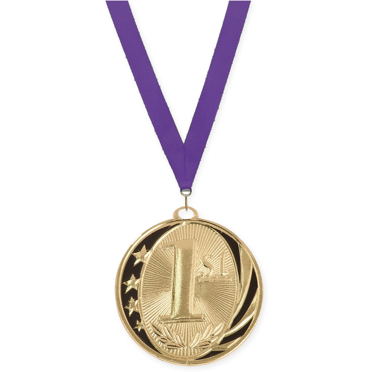 2 inch Place MidNite Star medal in gold - 1st place with Purple neck ribbon