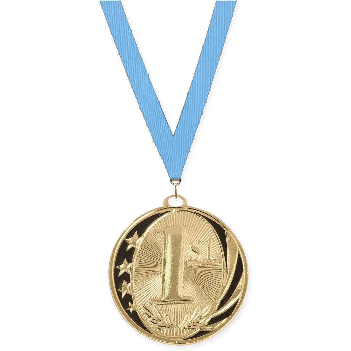 2 inch Place MidNite Star medal in gold - 1st place with Light Blue neck ribbon