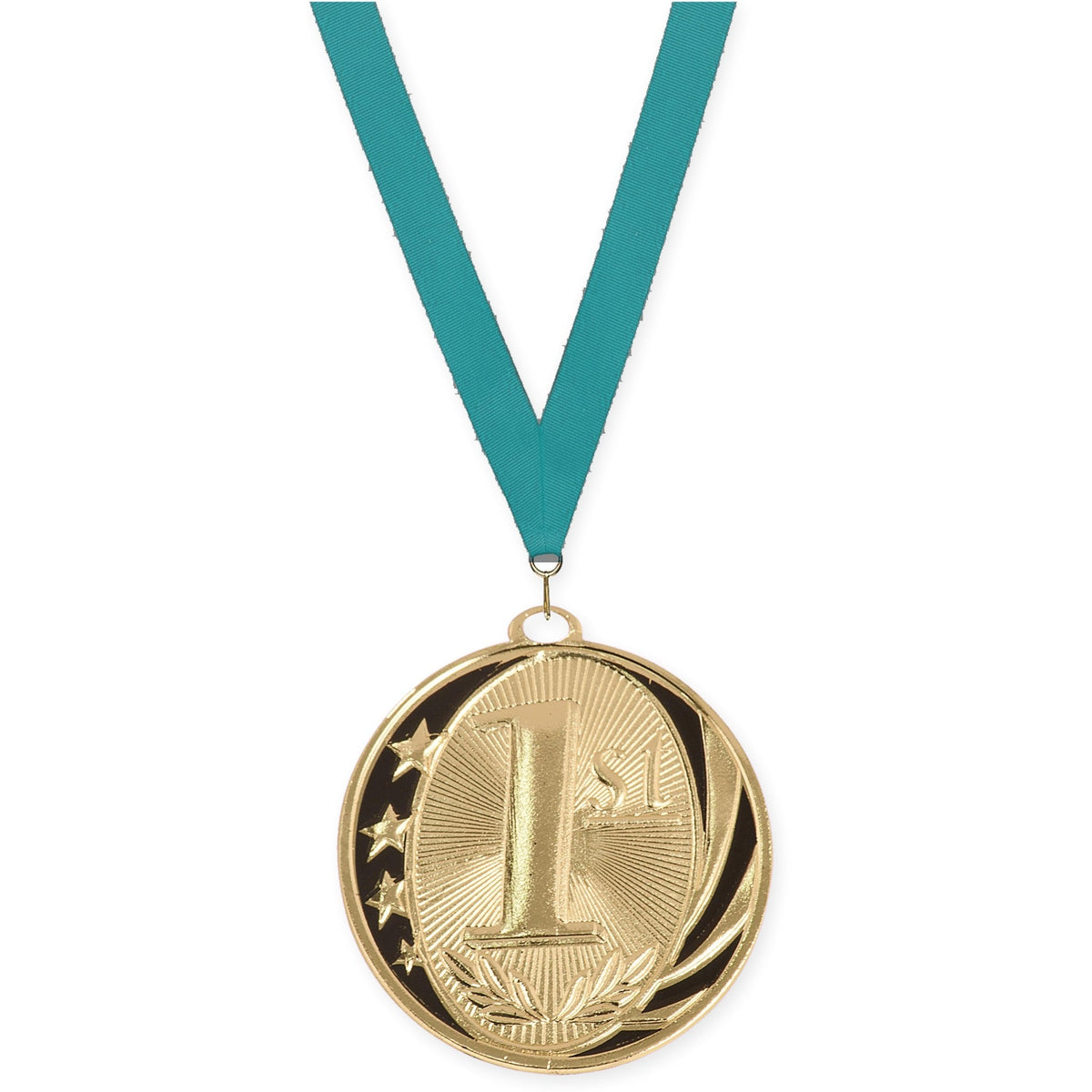 2 inch Place MidNite Star medal in gold - 1st place with Teal neck ribbon