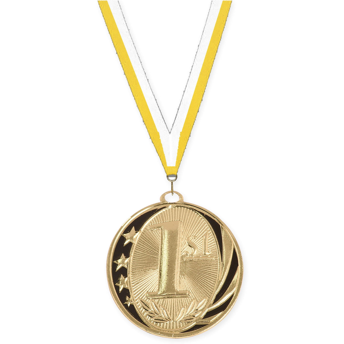2 inch Place MidNite Star medal in gold - 1st place with Yellow White neck ribbon