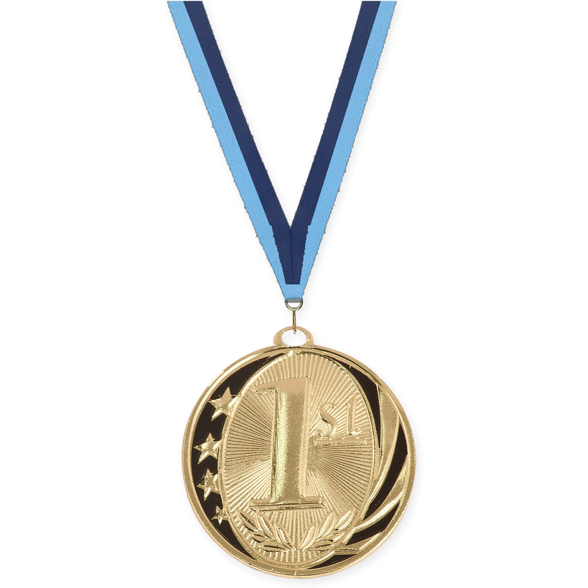 2 inch Place MidNite Star medal in gold - 1st place with Light Blue Navy neck ribbon