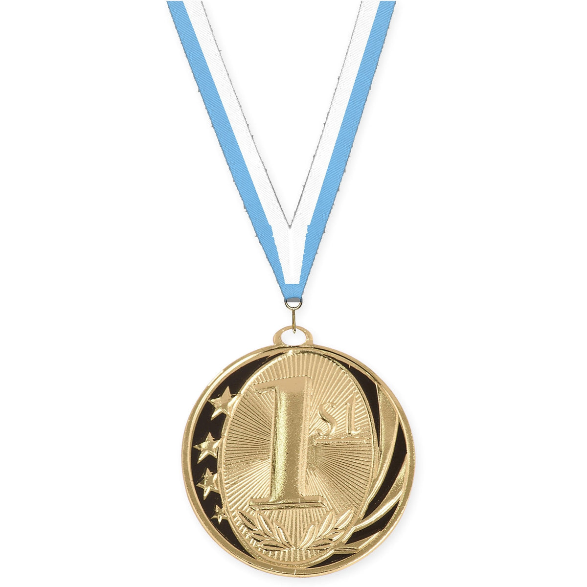 2 inch Place MidNite Star medal in gold - 1st place with Light Blue White neck ribbon