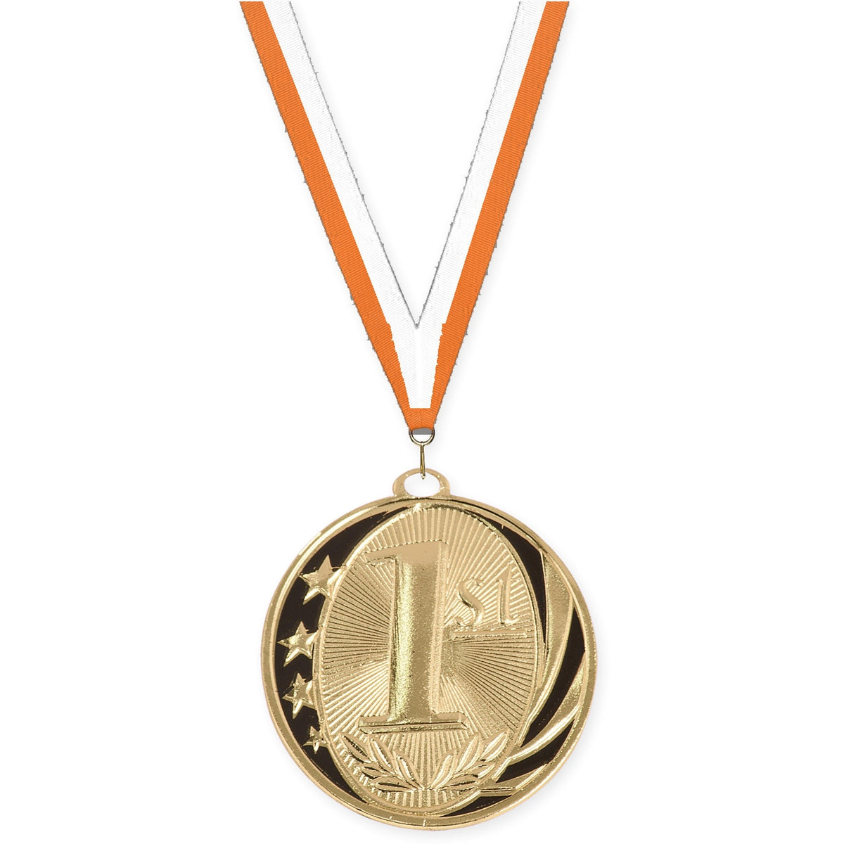 2 inch Place MidNite Star medal in gold - 1st place with Orange White neck ribbon