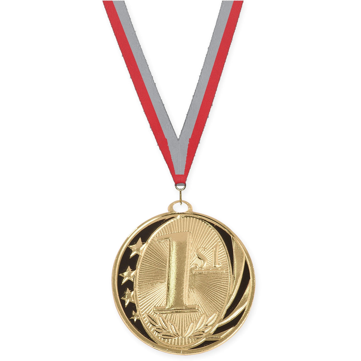 2 inch Place MidNite Star medal in gold - 1st place with Red Gray neck ribbon
