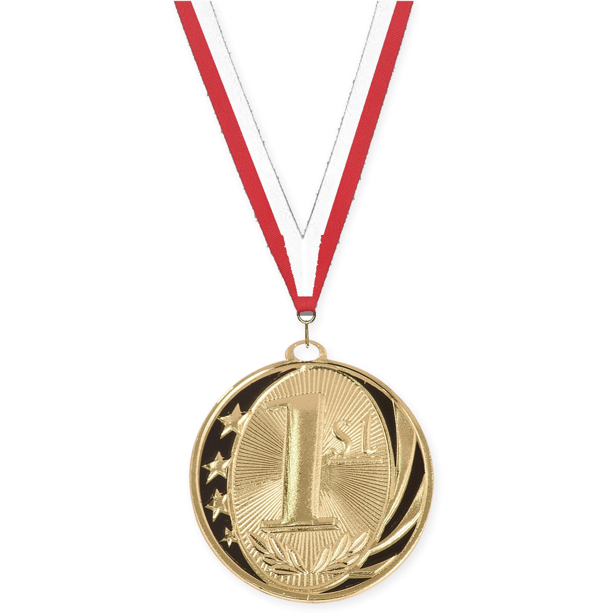 2 inch Place MidNite Star medal in gold - 1st place with Red White neck ribbon