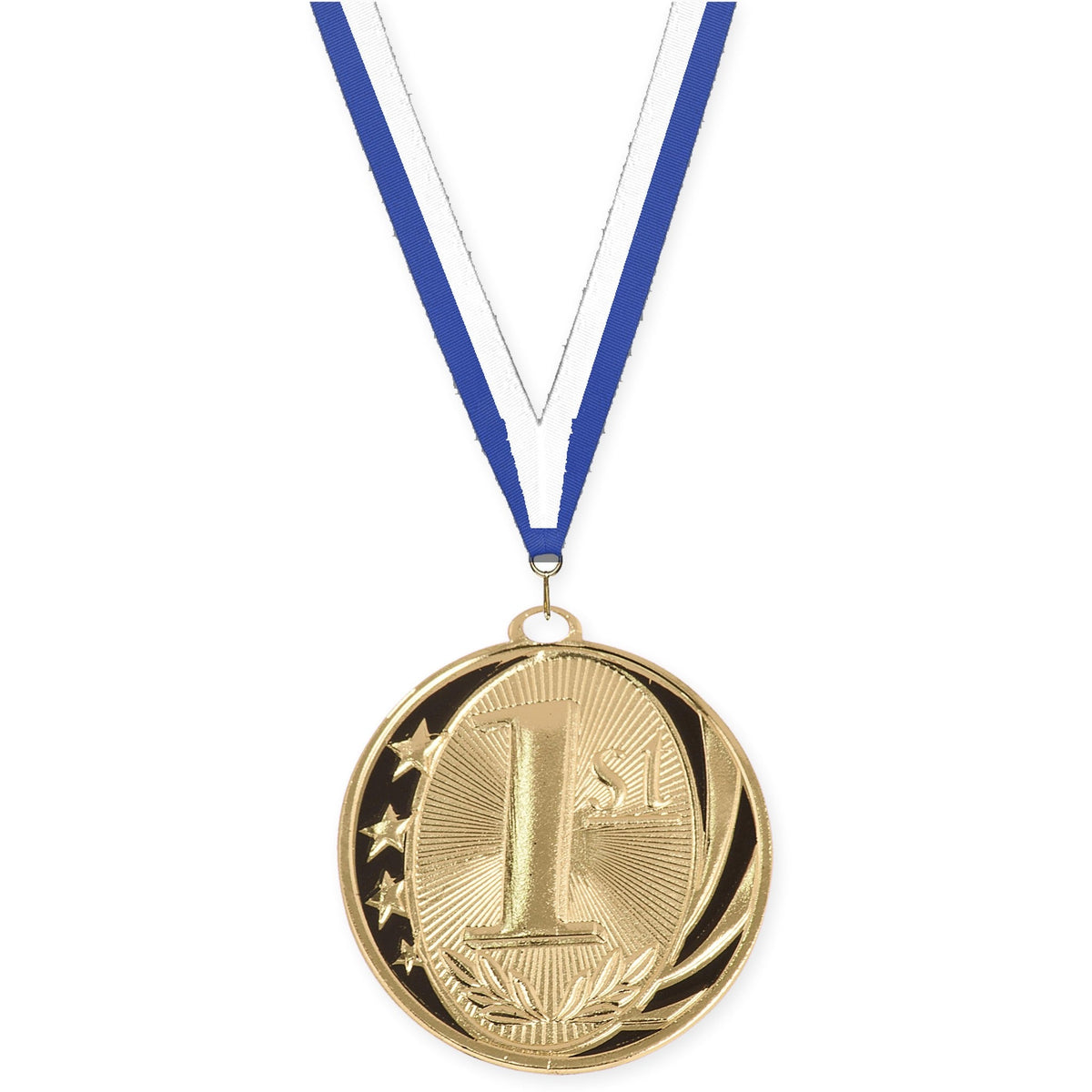 2 inch Place MidNite Star medal in gold - 1st place with Blue White neck ribbon