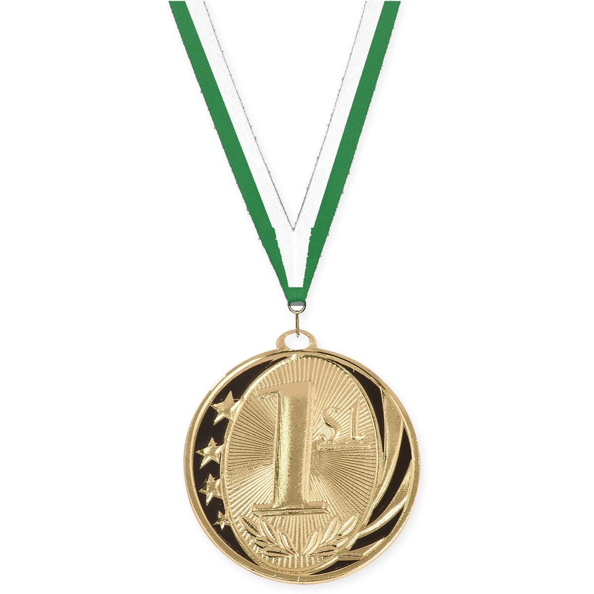 2 inch Place MidNite Star medal in gold - 1st place with Green White neck ribbon