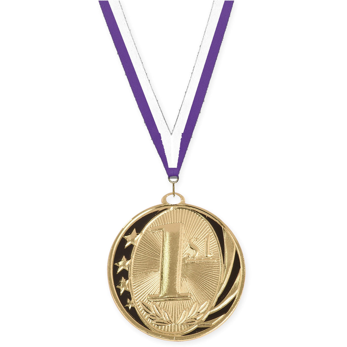 2 inch Place MidNite Star medal in gold - 1st place with Purple White neck ribbon