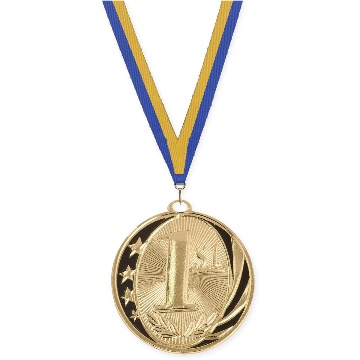 2 inch Place MidNite Star medal in gold - 1st place with Blue Gold neck ribbon