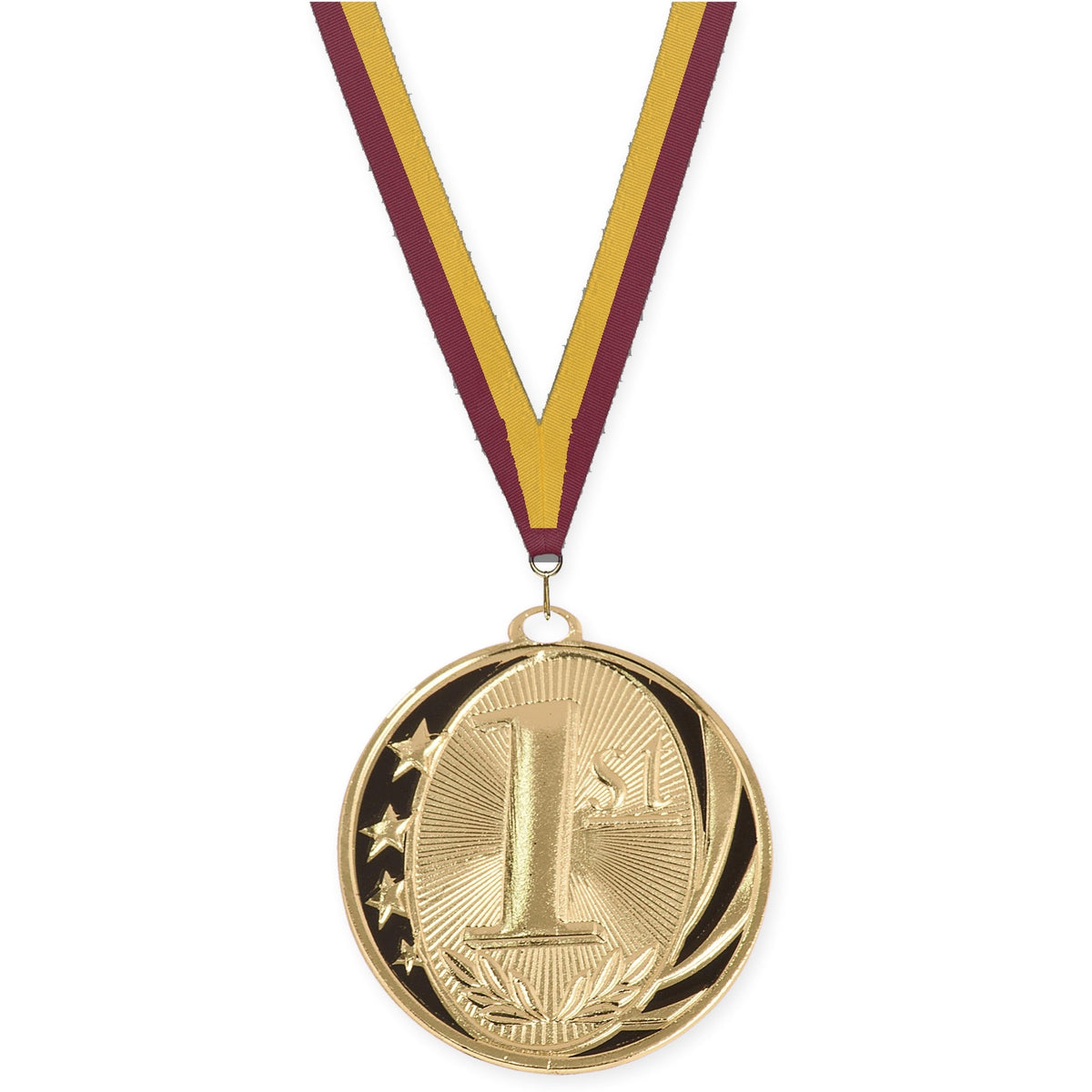 2 inch Place MidNite Star medal in gold - 1st place with Maroon Gold neck ribbon