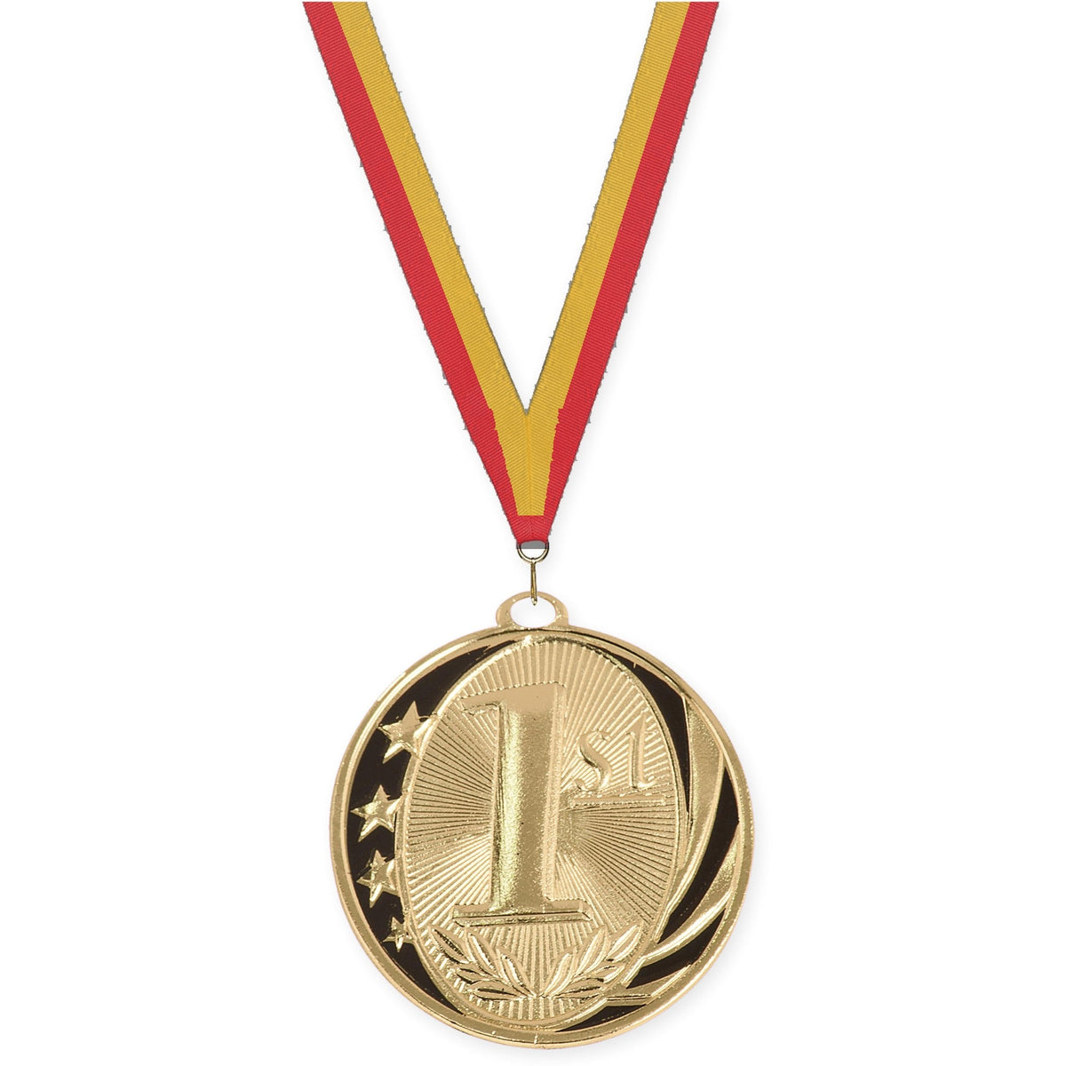 2 inch Place MidNite Star medal in gold - 1st place with Red Gold neck ribbon
