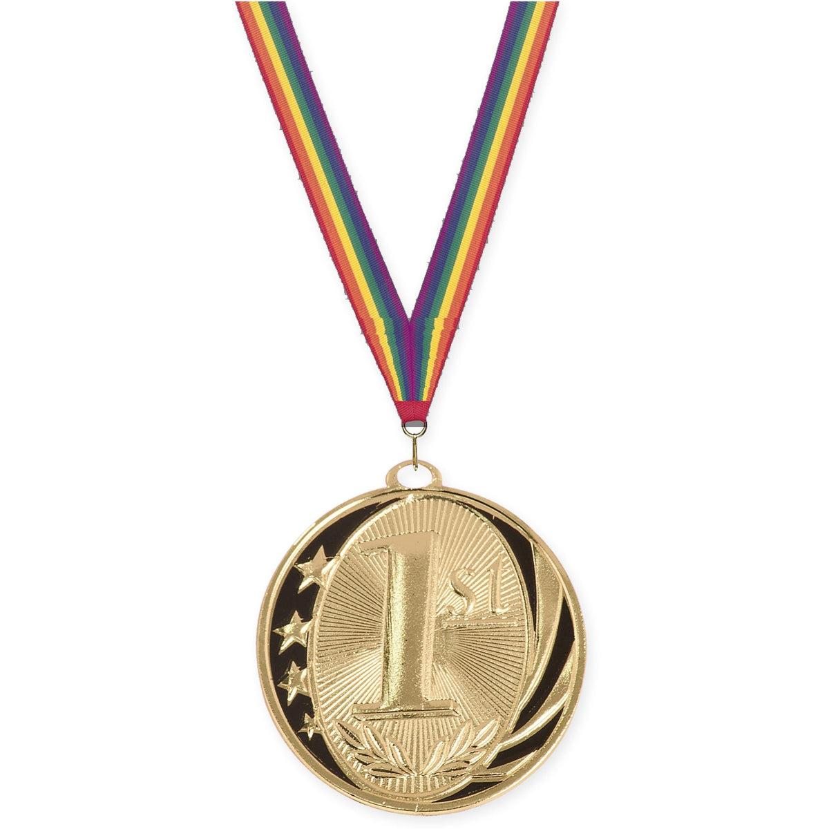2 inch Place MidNite Star medal in gold - 1st place with Rainbow neck ribbon