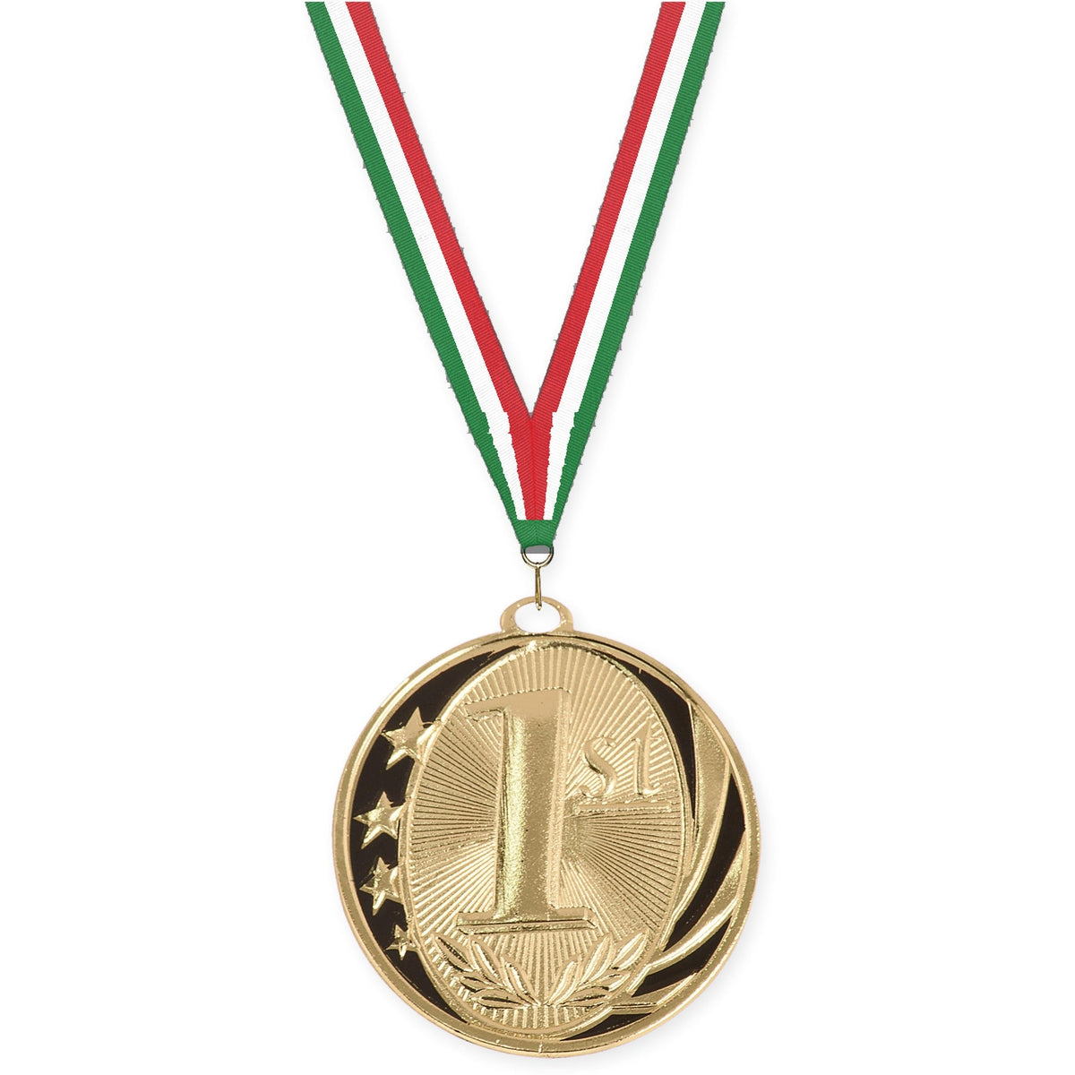 2 inch Place MidNite Star medal in gold - 1st place with Green White Red neck ribbon