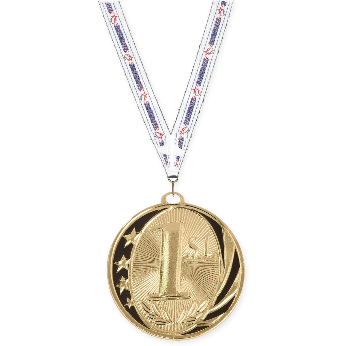 2 inch Place MidNite Star medal in gold - 1st place with Baseball neck ribbon