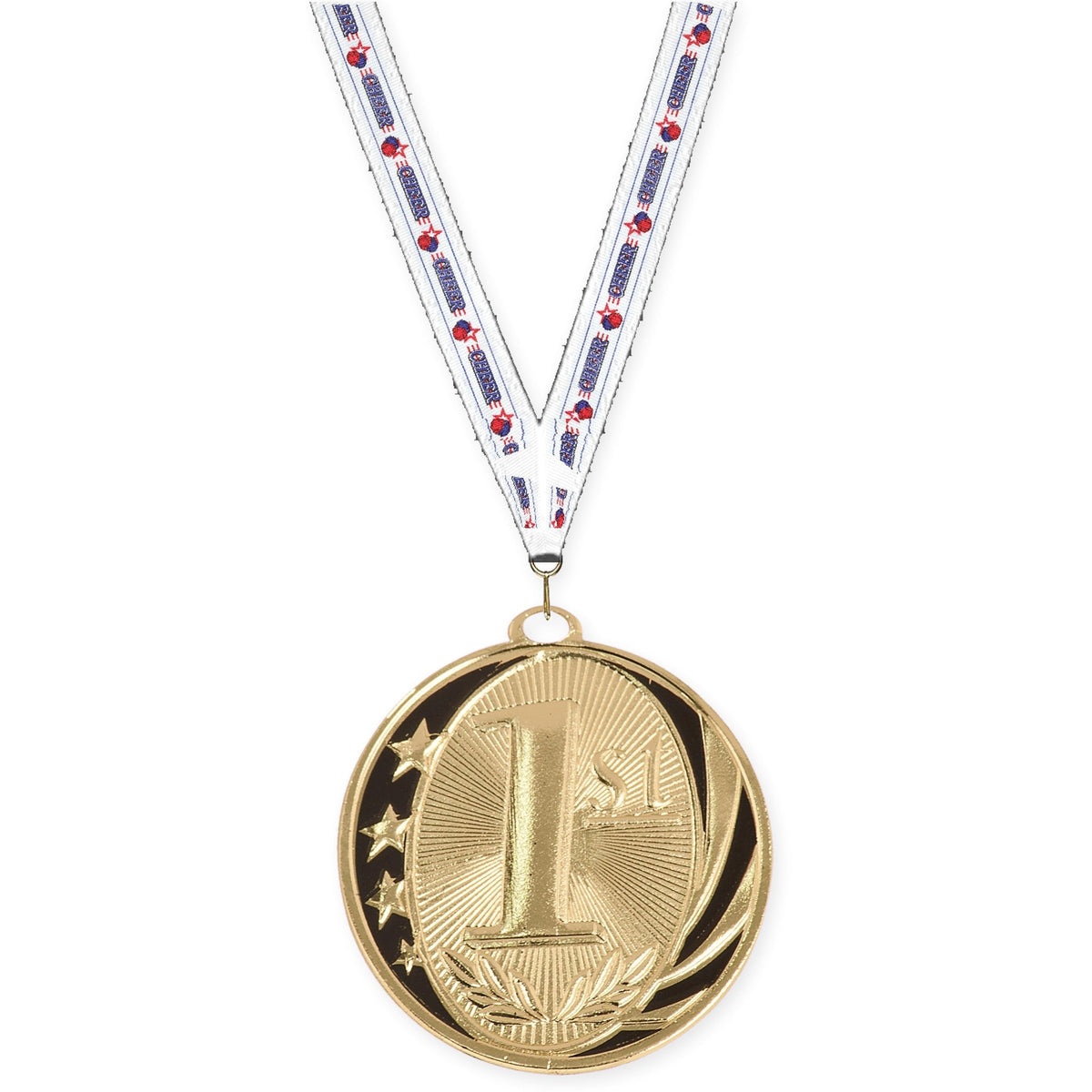 2 inch Place MidNite Star medal in gold - 1st place with Cheerleading neck ribbon