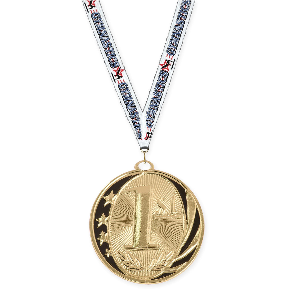 2 inch Place MidNite Star medal in gold - 1st place with Gymnastics neck ribbon