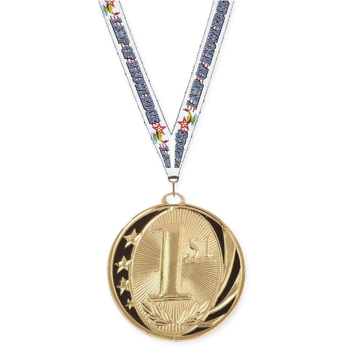 2 inch Place MidNite Star medal in gold - 1st place with Lamp Of Knowledge neck ribbon