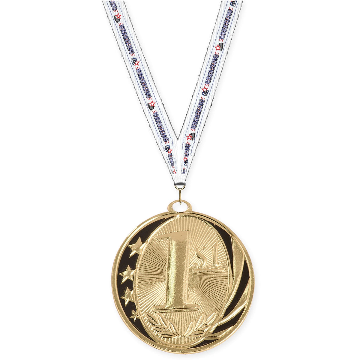 2 inch Place MidNite Star medal in gold - 1st place with Wrestling neck ribbon