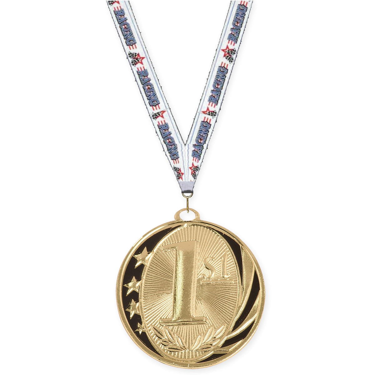 2 inch Place MidNite Star medal in gold - 1st place with Auto Racing neck ribbon