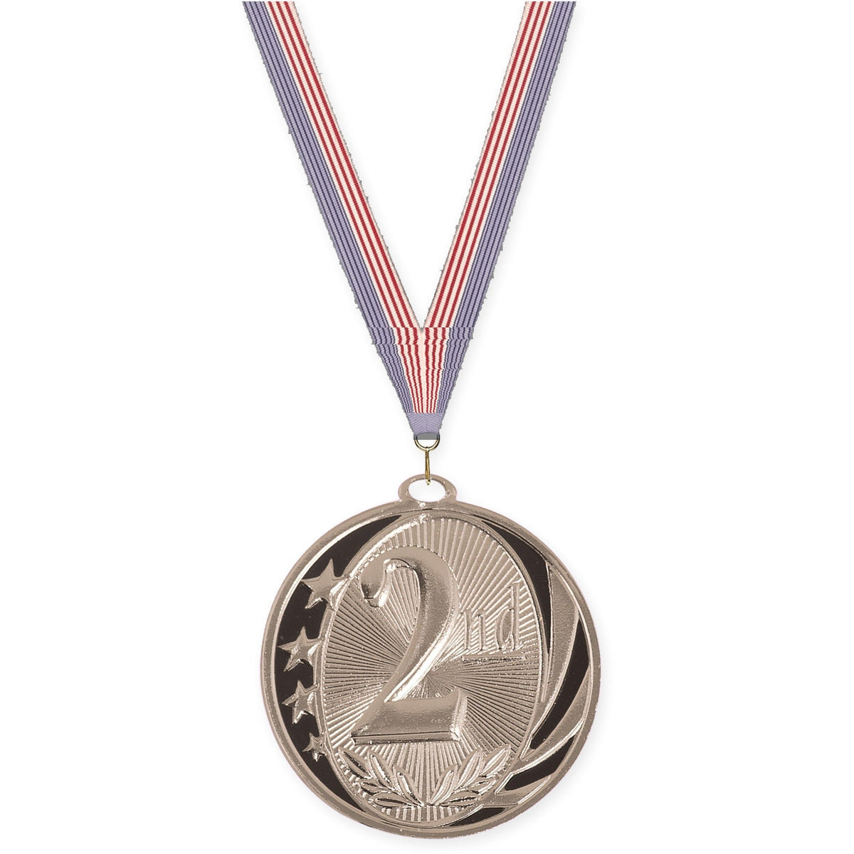 2 inch Place MidNite Star medal in silver - 2nd place with USA Flag neck ribbon