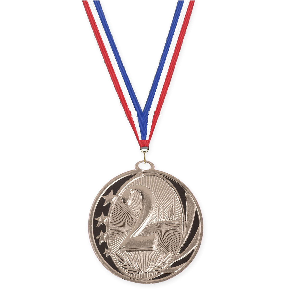 2 inch Place MidNite Star medal in silver - 2nd place with Red White Blue neck ribbon
