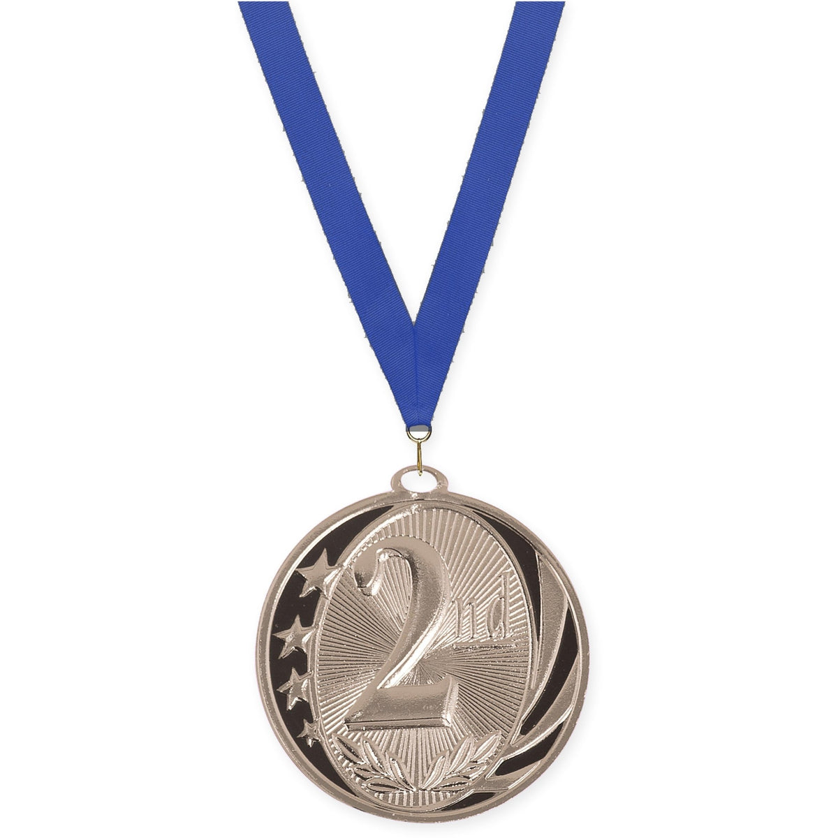 2 inch Place MidNite Star medal in silver - 2nd place with Blue neck ribbon