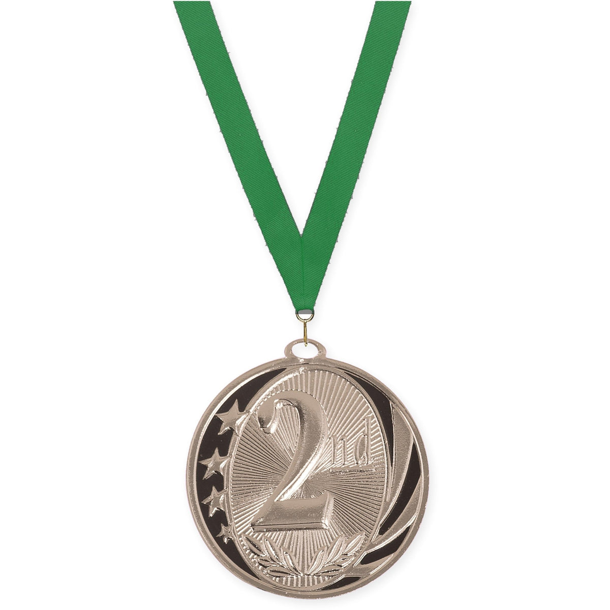 2 inch Place MidNite Star medal in silver - 2nd place with Green neck ribbon