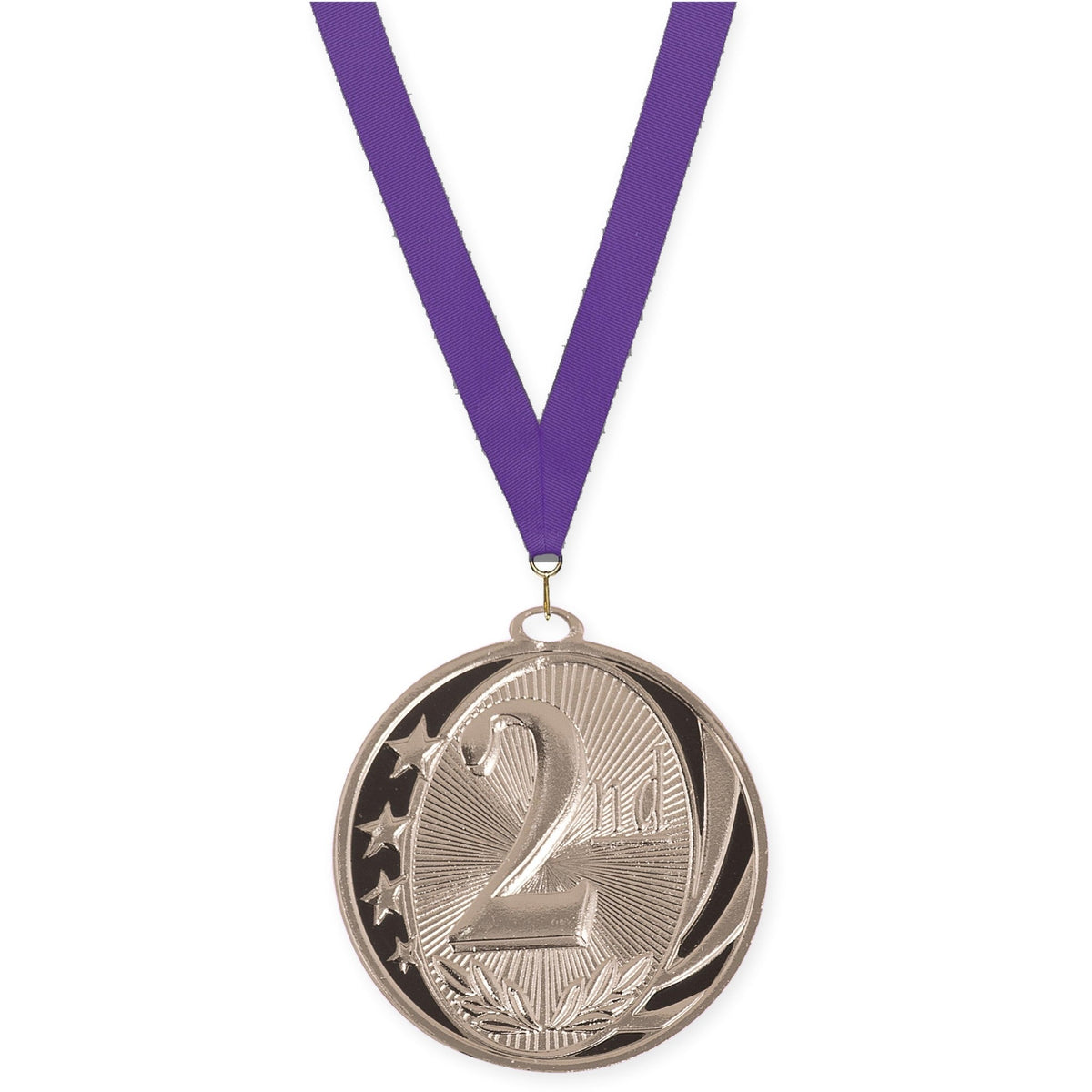 2 inch Place MidNite Star medal in silver - 2nd place with Purple neck ribbon