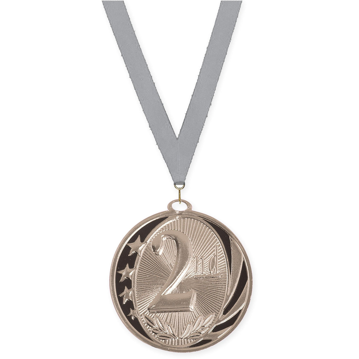 2 inch Place MidNite Star medal in silver - 2nd place with Gray neck ribbon