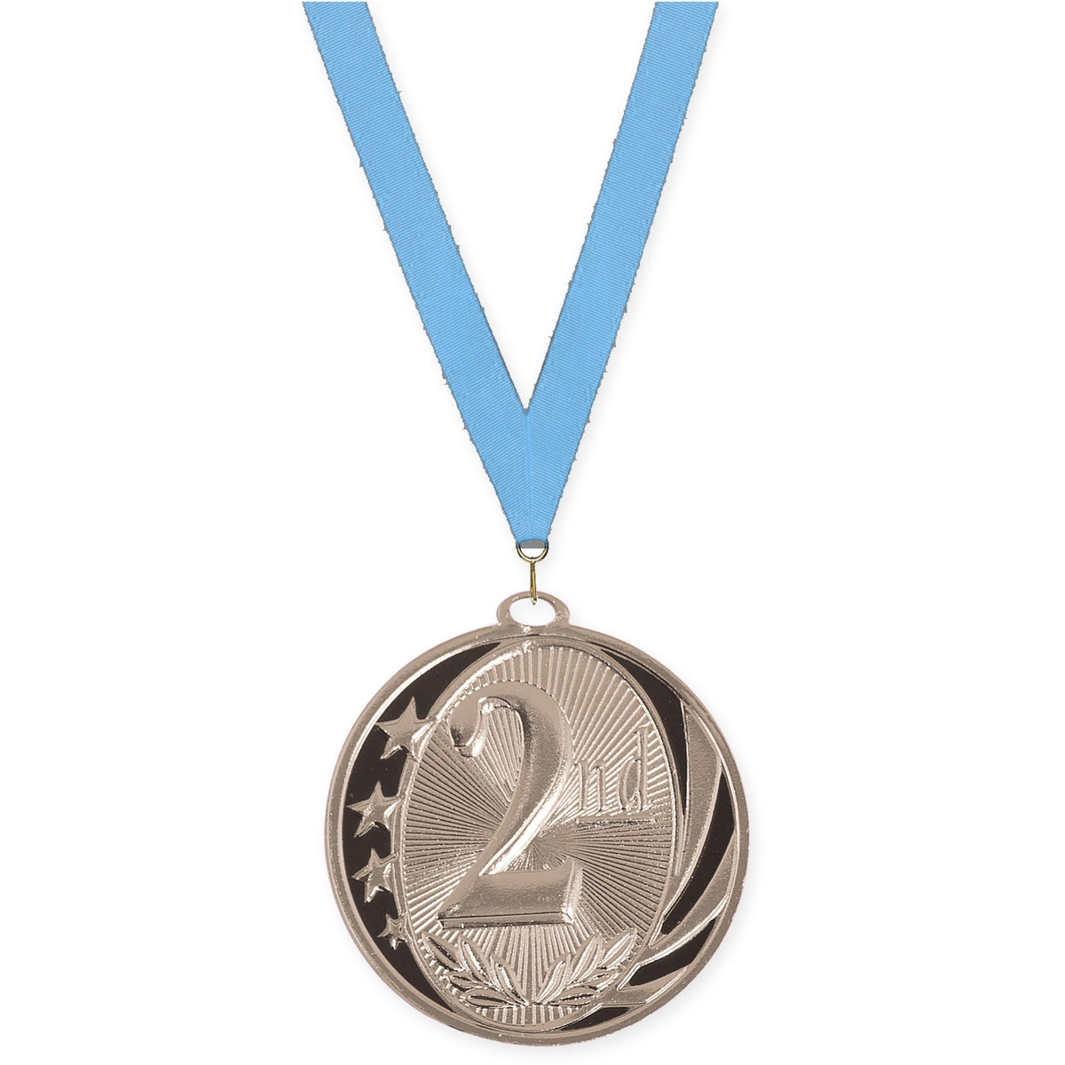 2 inch Place MidNite Star medal in silver - 2nd place with Light Blue neck ribbon