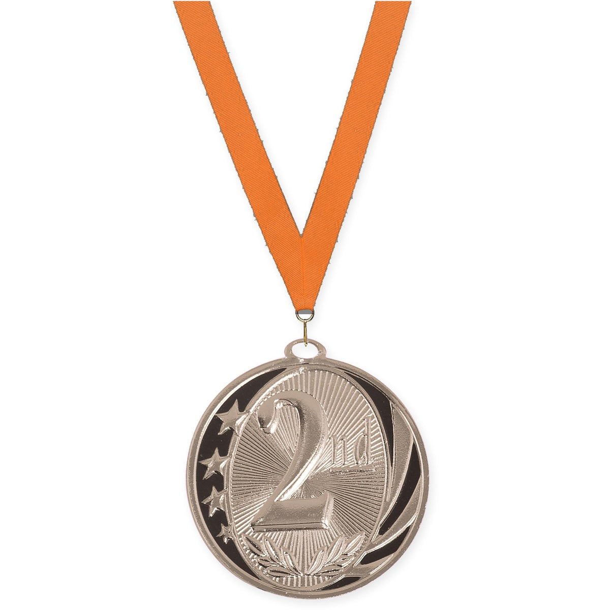 2 inch Place MidNite Star medal in silver - 2nd place with Orange neck ribbon