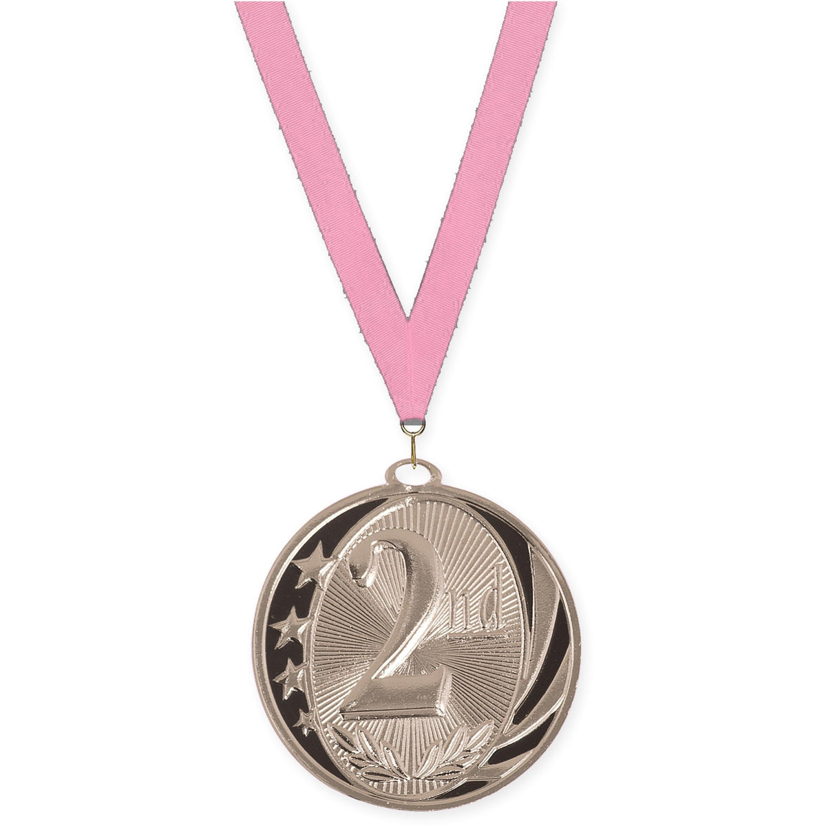 2 inch Place MidNite Star medal in silver - 2nd place with Pink neck ribbon
