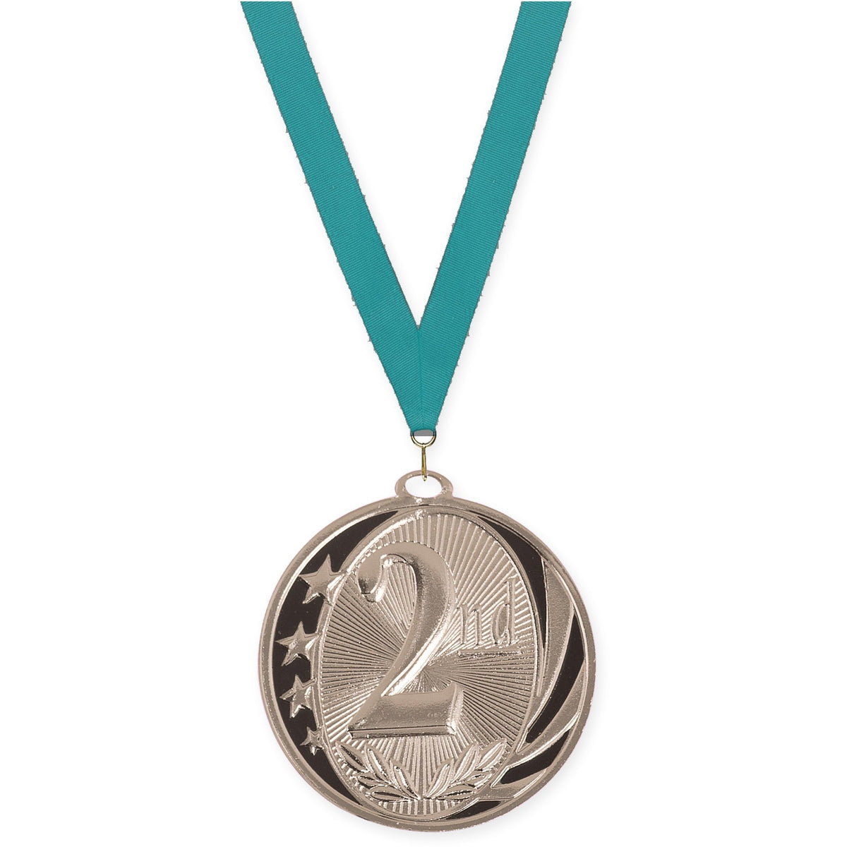 2 inch Place MidNite Star medal in silver - 2nd place with Teal neck ribbon