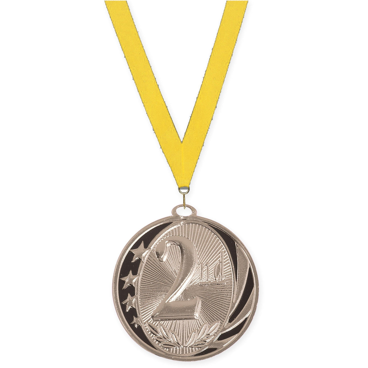 2 inch Place MidNite Star medal in silver - 2nd place with Yellow neck ribbon