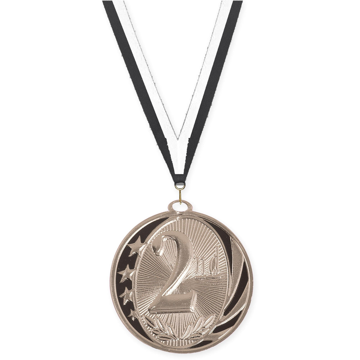 2 inch Place MidNite Star medal in silver - 2nd place with Black White neck ribbon