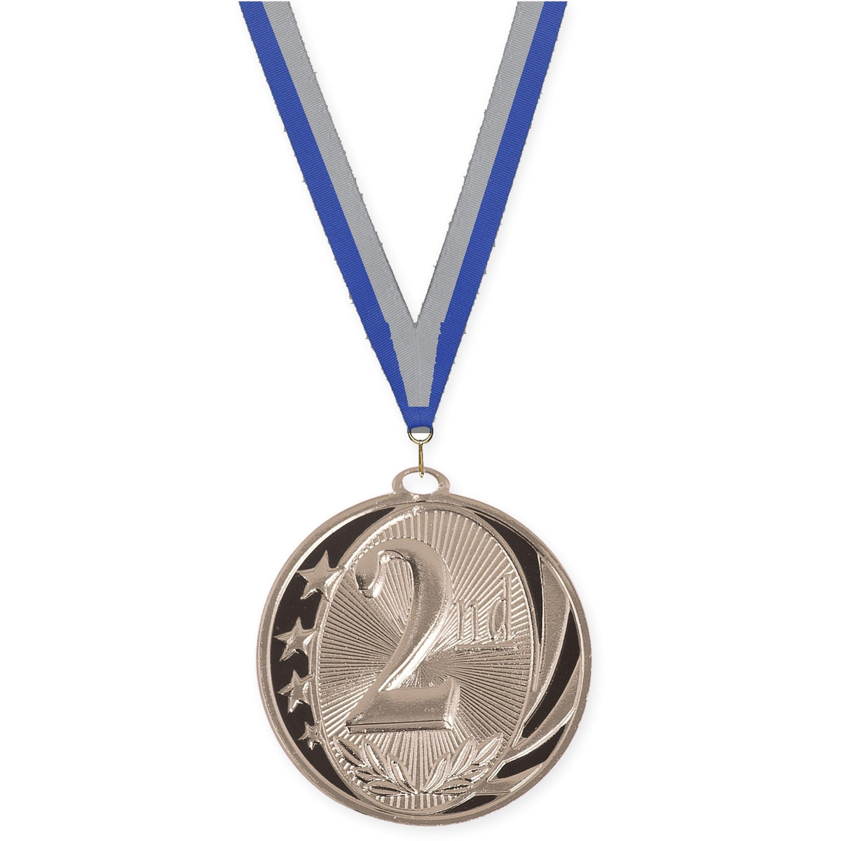 2 inch Place MidNite Star medal in silver - 2nd place with Blue Gray neck ribbon