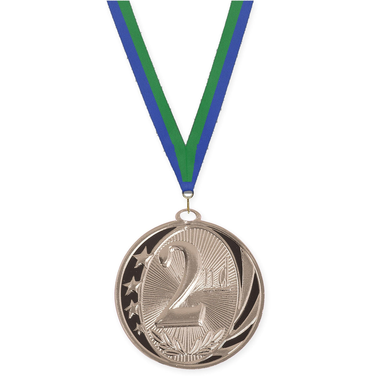2 inch Place MidNite Star medal in silver - 2nd place with Blue Green neck ribbon