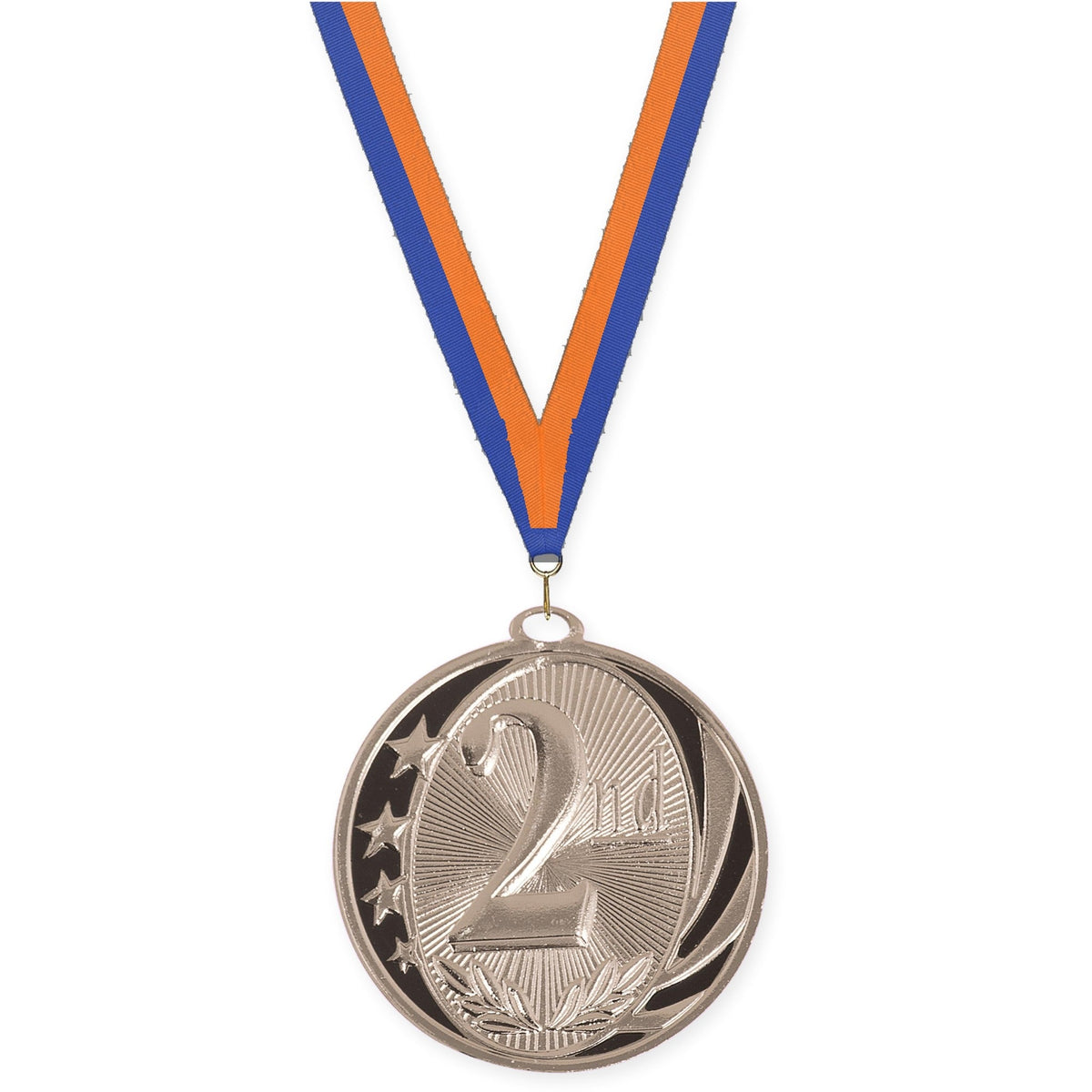 2 inch Place MidNite Star medal in silver - 2nd place with Blue Orange neck ribbon