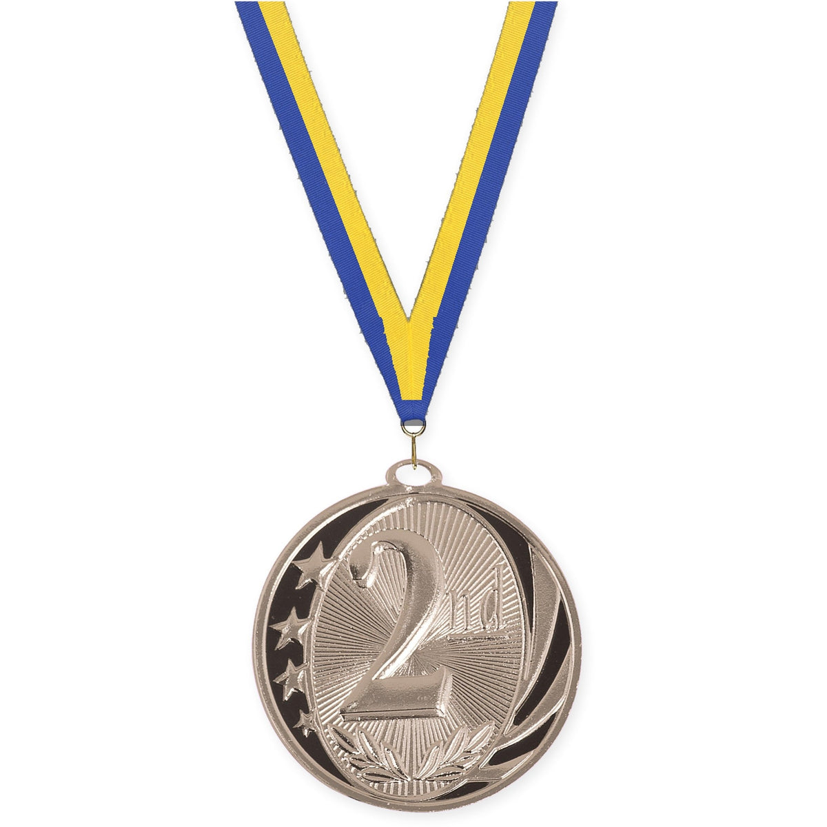 2 inch Place MidNite Star medal in silver - 2nd place with Blue Yellow neck ribbon