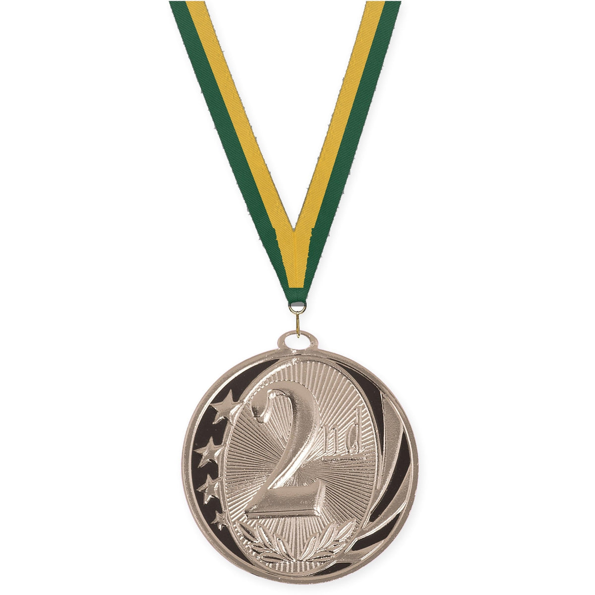 2 inch Place MidNite Star medal in silver - 2nd place with Hunter Green Gold neck ribbon
