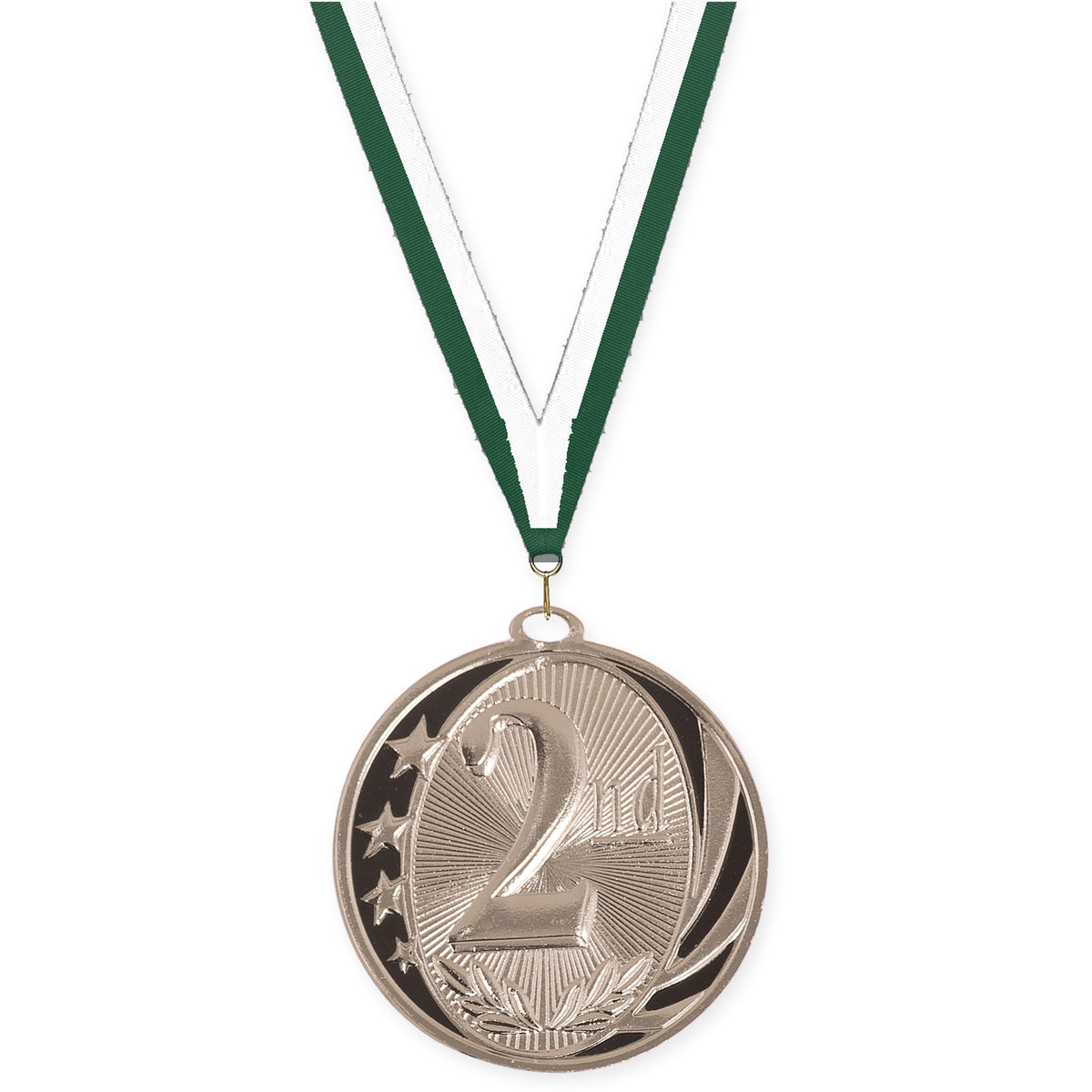 2 inch Place MidNite Star medal in silver - 2nd place with Hunter Green White neck ribbon