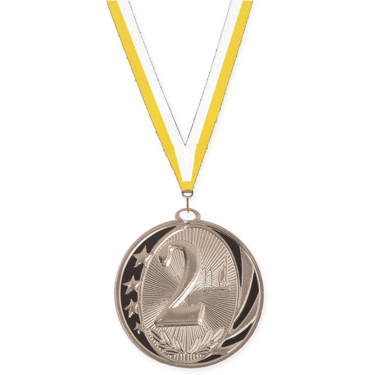 2 inch Place MidNite Star medal in silver - 2nd place with Yellow White neck ribbon