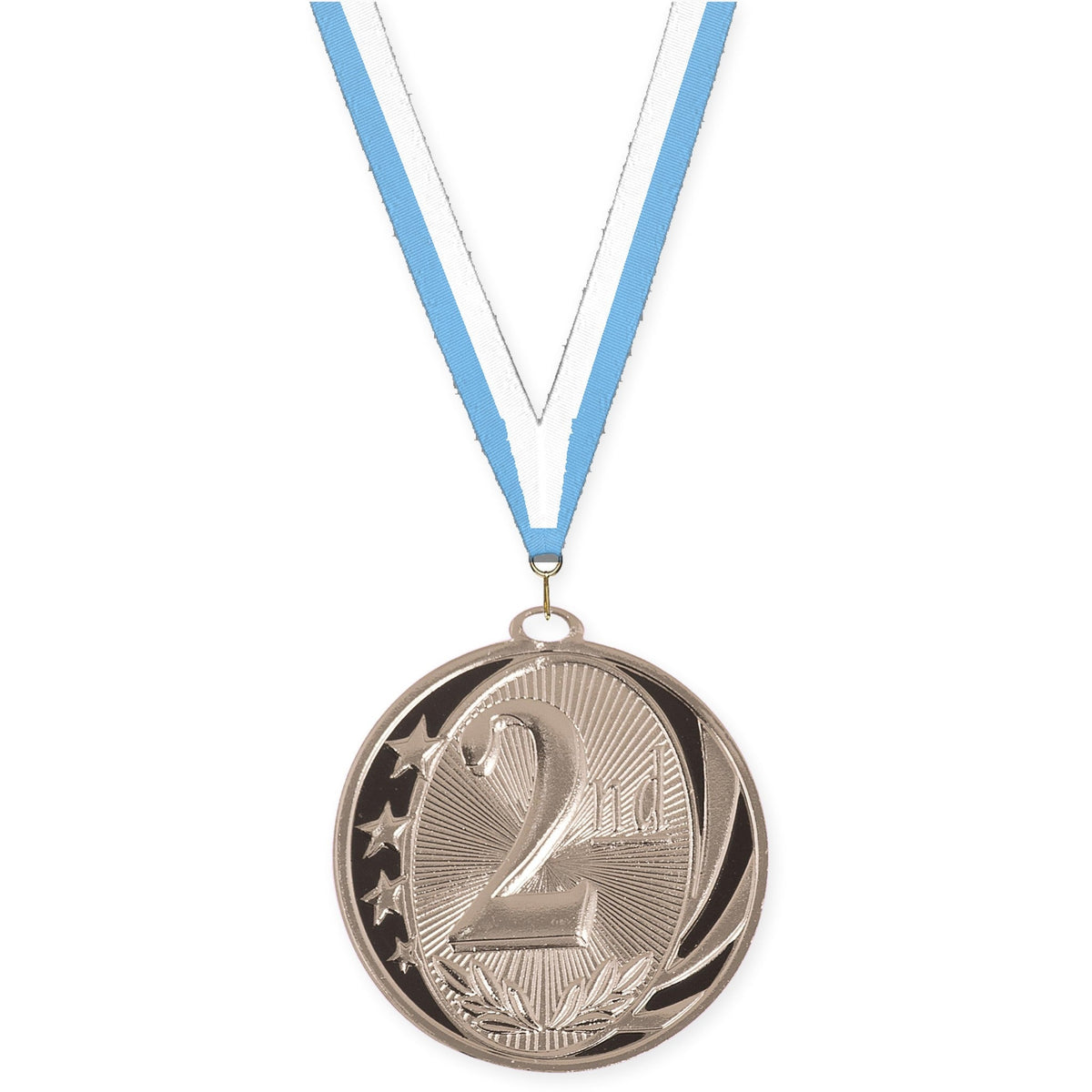 2 inch Place MidNite Star medal in silver - 2nd place with Light Blue White neck ribbon