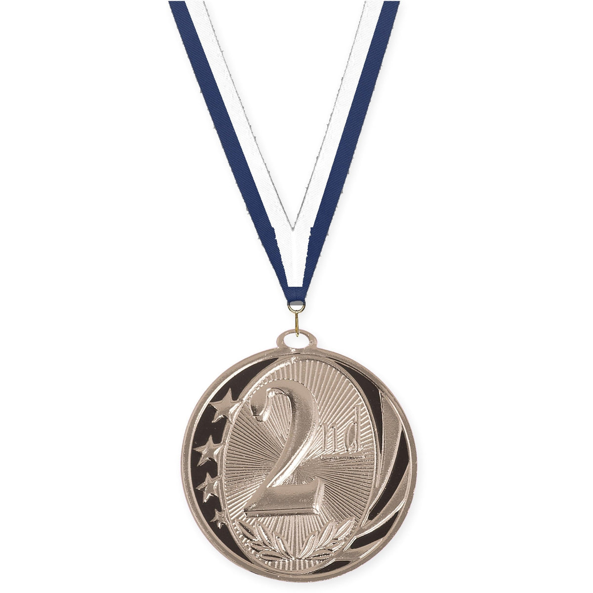 2 inch Place MidNite Star medal in silver - 2nd place with Navy White neck ribbon
